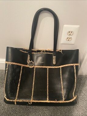 Henri Bendel Black leather and Tan Structured Tote with jute Trim and bag charm